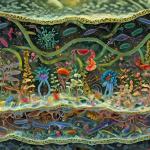 Vista detallada del microbioma humano interactuando con células