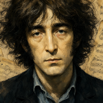 Retrato de John Lennon mirando hacia el horizonte con expresión reflexiva.
