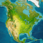 Un mapa digital mostrando las regiones de América del Norte con diferentes colores.