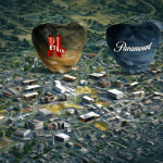 Logotipos corporativos de Netflix y Paramount sobre un mapa digital de estudios