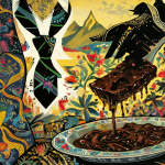 Ilustración del contraste entre un plato de humita andina y una corbata formal
