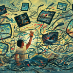 Ilustración de una persona saturada rodeada de tecnología y archivos de juegos pesados.