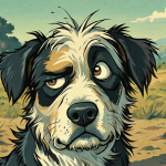Retrato de Mumbly, perro desaliñado con expresión de duda y astucia torpe