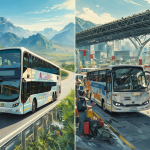 Ilustración dividida mostrando buses modernos en sus respectivos entornos: uno en carretera y otro en terminal urbana.