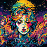 Ilustración artística de la banda Blondie bajo luces de neón estilo años ochenta.