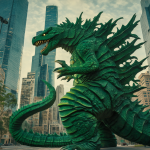 Godzilla caminando sobre una ciudad, rodeado de edificios que parecen pequeños en comparación con su tamaño monstruoso.