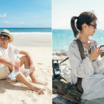 Split composition showing a relaxed tourist on a beach versus a traveler using digital devices for travel planning.