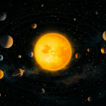 Ilustración del sistema solar mostrando el Sol y los planetas orbitando en un espacio profundo.