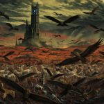 Vista de águilas volando sobre el desierto rojo de Mordor con una torre oscura vigilante al fondo.