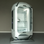 Refrigerador blanco futurista en una habitación