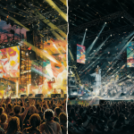 Ilustración dividida mostrando el escenario antiguo lleno de gente versus un concierto moderno con pantallas digitales.