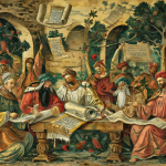 Ilustración de manuscritos antiguos y eruditos estudiando pergaminos