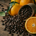 Una mesa de madera con granos de café tostado y frutas cítricas naranjas, ilustrando la conexión entre los alimentos y sus colores homónimos.