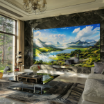 Vista panorámica de un salón con una gran pantalla de televisión mostrando una imagen nítida en alta resolución.