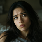 Retrato en primer plano de una mujer mirando pensativa hacia el lado izquierdo.
