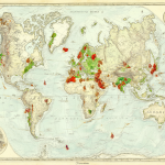 Mapa antiguo del mundo con Adán y Eva y sus descendientes Caín y Abel destacados