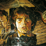 Retrato artístico de George Harrison tocando la guitarra rodeado de música