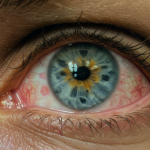 Ojo humano con vasos sanguíneos dilatados visibles.