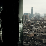 Split-screen illustration showing the difference between a dark noir scene on one side and a realistic urban landscape representing social context on the other.