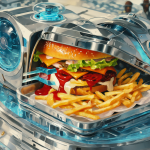 Máquina de replicar de ciencia ficción con una hamburguesa y papas fritas, rodeada de personas.