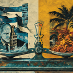 Una balanza dividida mostrando el contraste económico entre Cuba y América Latina.
