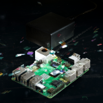 Raspberry Pi hardware setup with abstract text overlays showing system errors