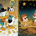 Ilustración dividida mostrando a Scrooge McDuck y a Calvin mirando las estrellas, celebrando el legado de los autores de cómics.