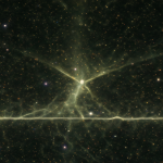 Vista general del universo mostrando el fondo de microondas y una línea brillante que representa la anomalía del Eje del Mal.