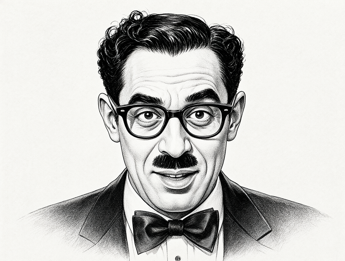 Retrato clásico del comediante Groucho Marx con su estilo característico.