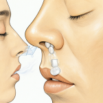 Vía nasal de administración de medicamentos, mostrando la entrada de una pastilla en la cavidad nasal.