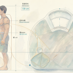 Ilustración de un diagrama que muestra el perfil lateral de una figura masculina con 180 cm de altura y hombros anchos, etiquetando claramente la circunferencia de los hombros (130 cm) y la cintura calculada (alrededor de 80-82 cm).