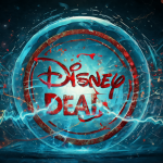 Gráfico conceptual mostrando una esfera inflada bajo presión financiera y un sello rojo gigante con Disney.