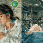 Imagen dividida mostrando el contraste entre dormir y estar bajo anestesia.