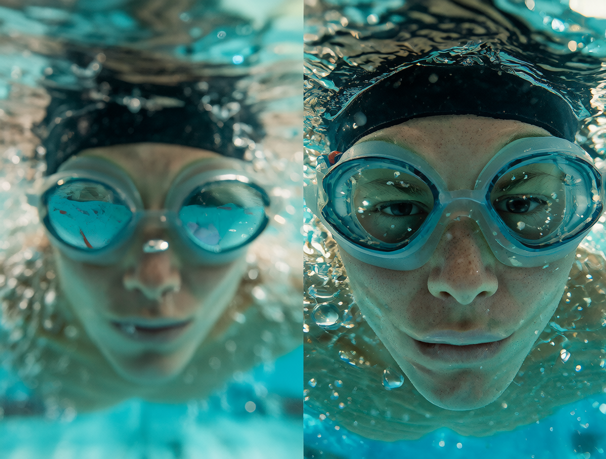 Comparativa visual de la visión borrosa versus nítida en natación.