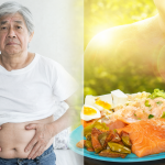 Una composición dividida que muestra preocupaciones de salud y soluciones, con una persona mayor tocando su abdomen y una placa de alimentos grasos bajo el sol.