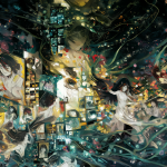 Yoshitoshi ABe rodeado de bocetos de anime en un estudio iluminado por luces digitales.