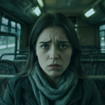 Mujer joven sentada en un autobús público con expresión de incomodidad y confusión.