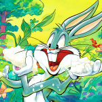Ilustración colorida del personaje Bugs Bunny en una escena clásica de Los Looney Tunes.