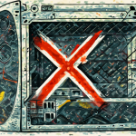 Ilustración abstracta de un chasis de computadora sellado con una X roja indicando la falta de opciones de actualización.