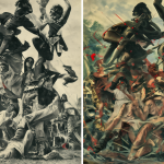 Imagen dividida mostrando fotografías históricas a la izquierda y versiones editadas por IA a la derecha con marcas de advertencia rojas en las áreas modificadas.