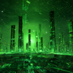 Rascacielos futuristas cubiertos por una cascada de código verde brillante bajo un cielo nocturno digital.
