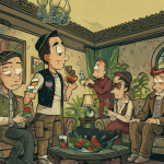 Personajes de cómic con rostros indistinguibles en una escena de disfraz