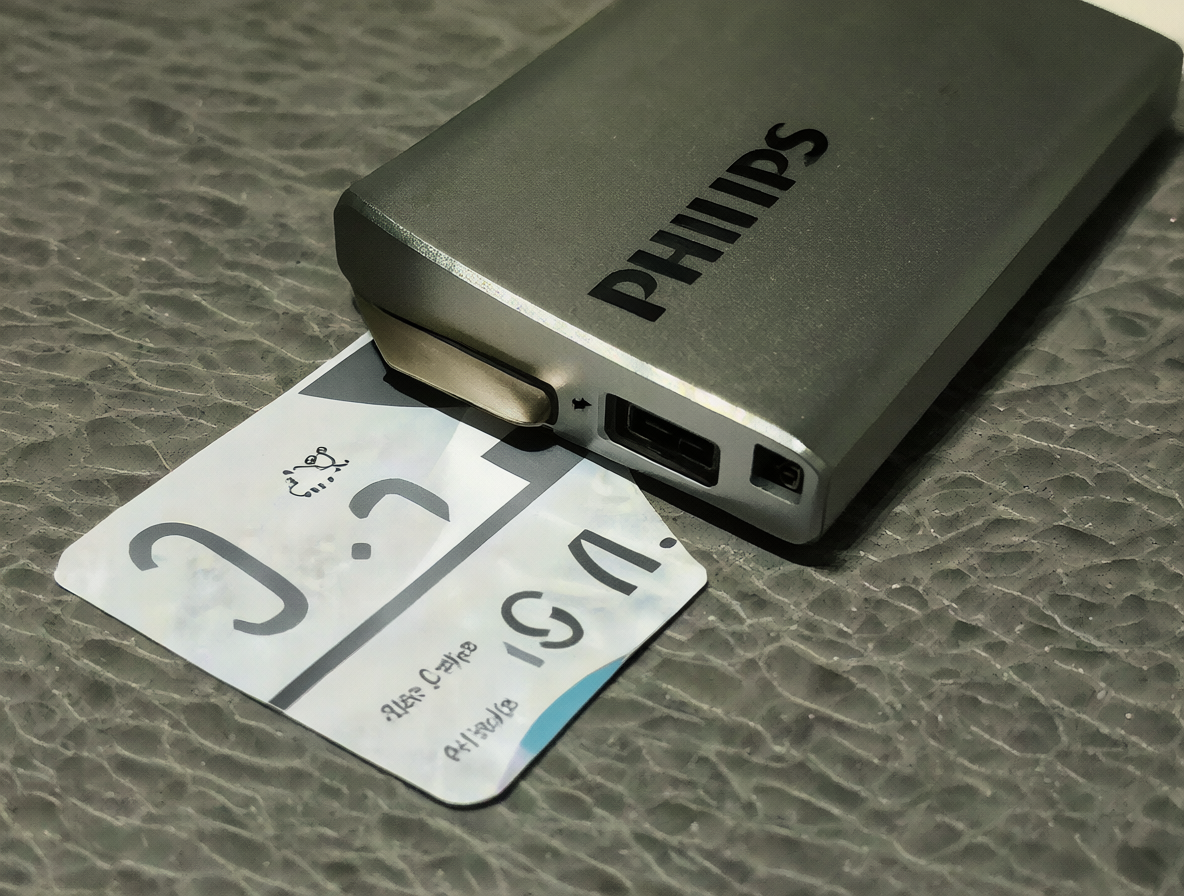 Disco duro externo de la marca Philips en color plateado conectado a un puerto USB-C, mostrando su tamaño pequeño.