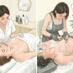 Comparativa visual entre recibir un servicio profesional de esteticista y realizar el afeitado del vello púbico por cuenta propia.