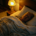 Adulto mayor durmiendo tranquilamente bajo una manta en su habitación nocturna