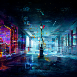 Vista surrealista de las entradas al circo digital mezcladas con un pasillo de hospital y una farola antigua.