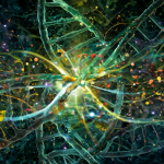 Arte abstracto que mezcla redes neuronales digitales con cadenas de ADN orgánicas y partículas cuánticas brillantes.