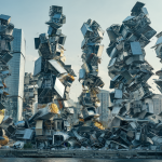 Ilustración conceptual de una metrópolis futurista donde los edificios de cristal se disuelven en formas de píldoras y paquetes de comida ultraprocesada, simbolizando un cambio estructural en el mercado.