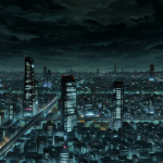 Ciudad futurista iluminada por luces neón en un corto de anime