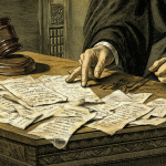 Un tribunal antiguo con un juez golpeando su martillo y documentos legales rotos